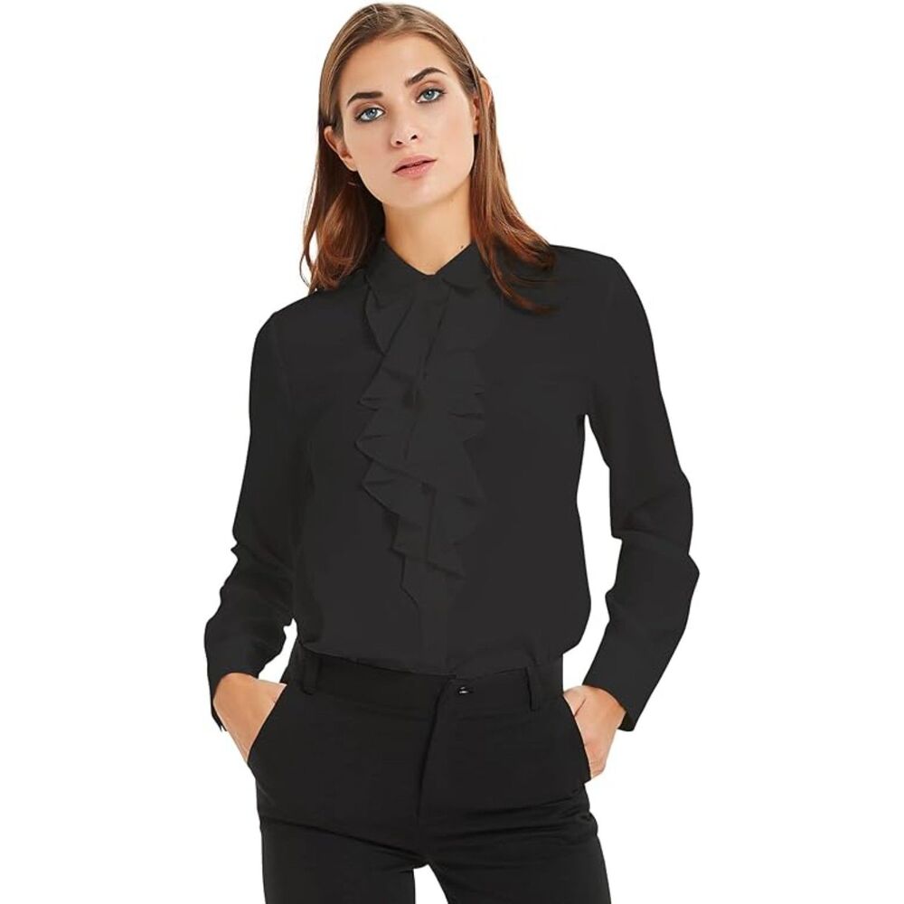 NEW  Black Sz XL Business Casual Semi Sheer Ruffled Long Sleeve Blouse ACONIYA